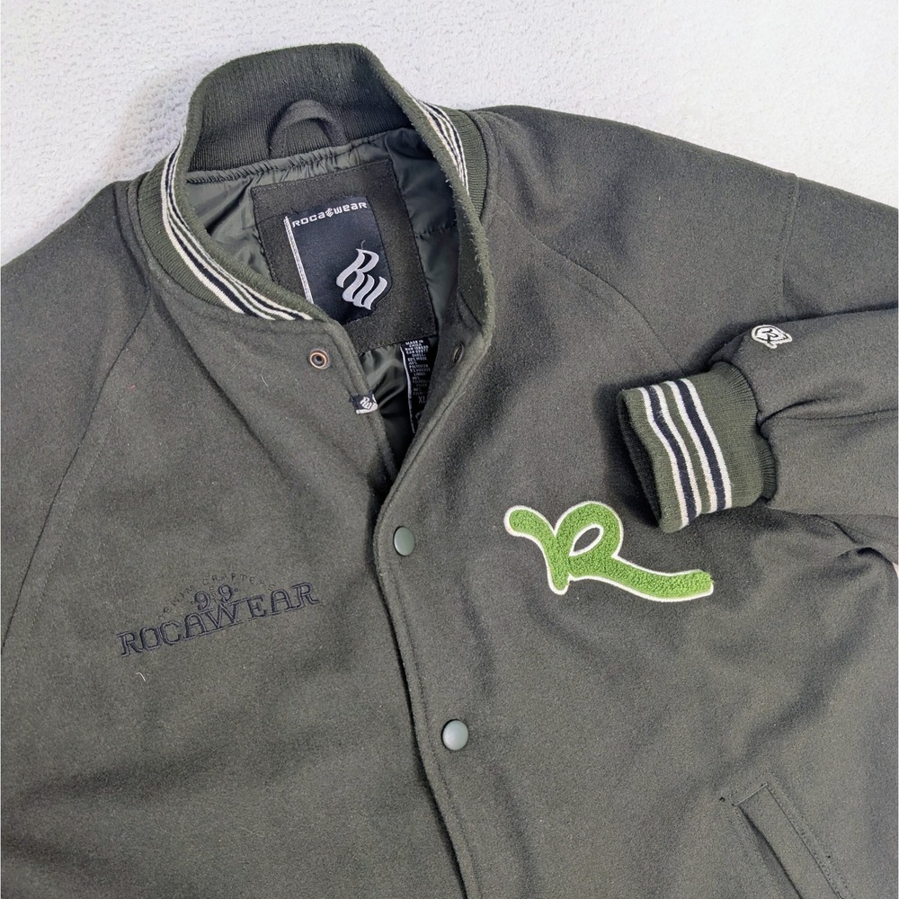 Rocawear‎ Bomber Jacket Wool Letterman Size XL Vintage Embroidered Green *Mint*
